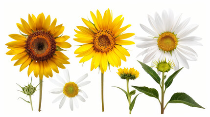 Beautiful and vibrant summer blossoms, including sunflowers and daisies, on a pure white setting, ideal for summer styling