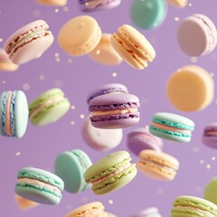 Colorful macarons suspended in mid-air