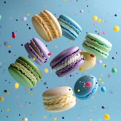 Playful macarons with colorful confetti in mid-air