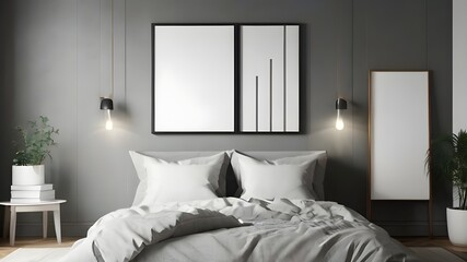 Blank Mock up frames on wall in bedroom with lamps hang on wall 