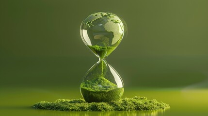 An Earth shaped hourglass filled with green sand symbolizing the concept of global warming is illustrated in 3D This unique depiction represents a timely reminder for Earth Day or World Envi