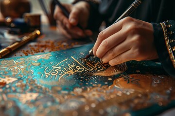 A person is writing in gold on a blue background,Eid-al-Adha, the Feast of Sacrifice.