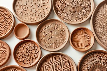Every plate in this series showcases a unique pattern, hand-carved into clay, offering a touch of rustic elegance to any home decor.