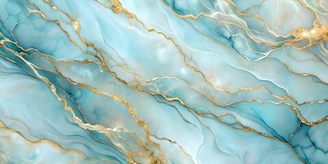 Abstract light blue and white marble background with golden lines, liquid art painting in the style of watercolor, lightblue tones, gold elements,