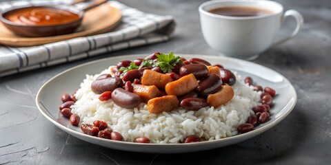 A plate of white rice, with red beans and black tea in the middle, on which there is some sausage that has been cut into small pieces, 