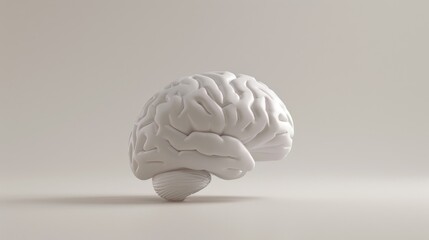 A 3D illustration features a solitary white brain set against a subtle light gray backdrop