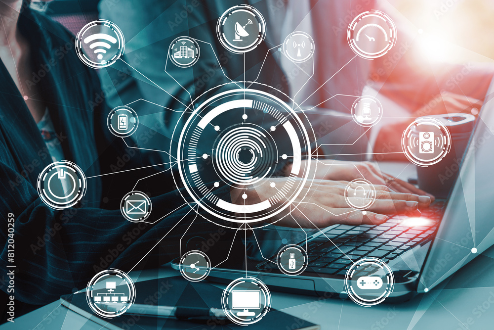 Poster multimedia and computer applications concept. business people using technology of digital gadget wit