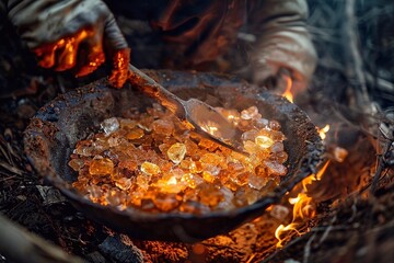 Close-up of human hands with spoon and pan with amber on hot coals