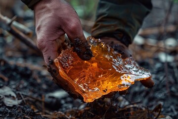 A man's hand holds a piece of amber in the forest.