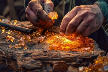 Hands of a jeweler working on a piece of amber.