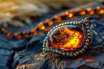 Beautiful amber necklace with a chain on a wooden background.