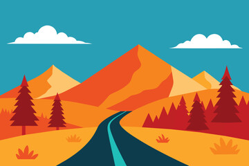 Landscape of mountain empty road in autumn with pines, bushes, orange grass Flat colorful vector