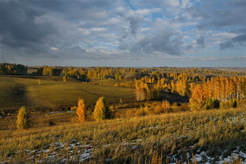 Russia. South of Western Siberia, Altai Territory. View of the endless farm fields, over which the...