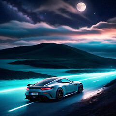 Space, sports car, magical, wandering and imaginary world in the dark night, moonlit clouds.