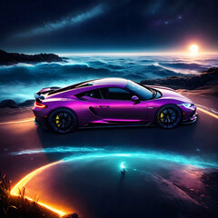 Space, sports car, magical, wandering and imaginary world, art with neon light, in the dark night, moonlit seas, clouds.