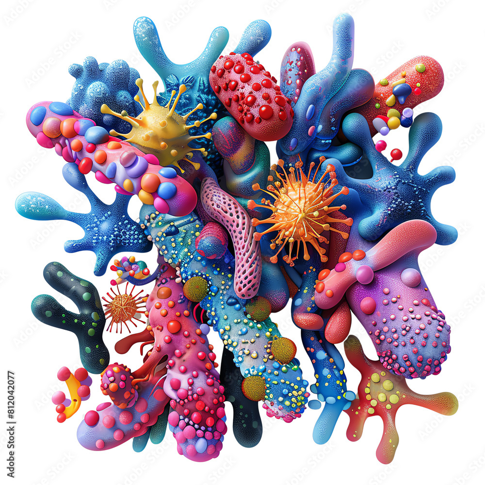 Poster a vibrant, surreal 3d illustration showcasing an array of microbial forms, each depicted with unique