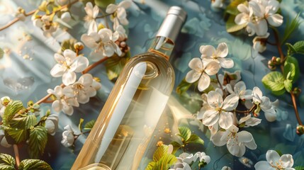 White wine bottle around flowers