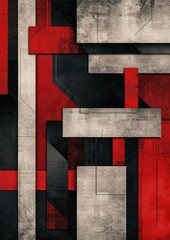 Produce a sleek and professional scene with abstract red and black geometric design elements, delivering a visually striking and contemporary atmosphere