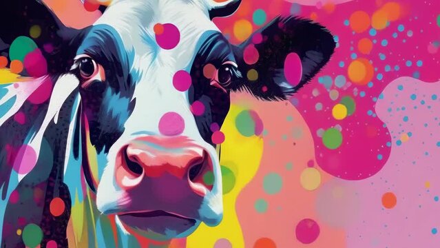 Cow's face painted in a kaleidoscopic patchwork of bright colors, creating a strikingly modern and expressive piece. The artwork blends bold geometric shapes with playful yet contemplative expression