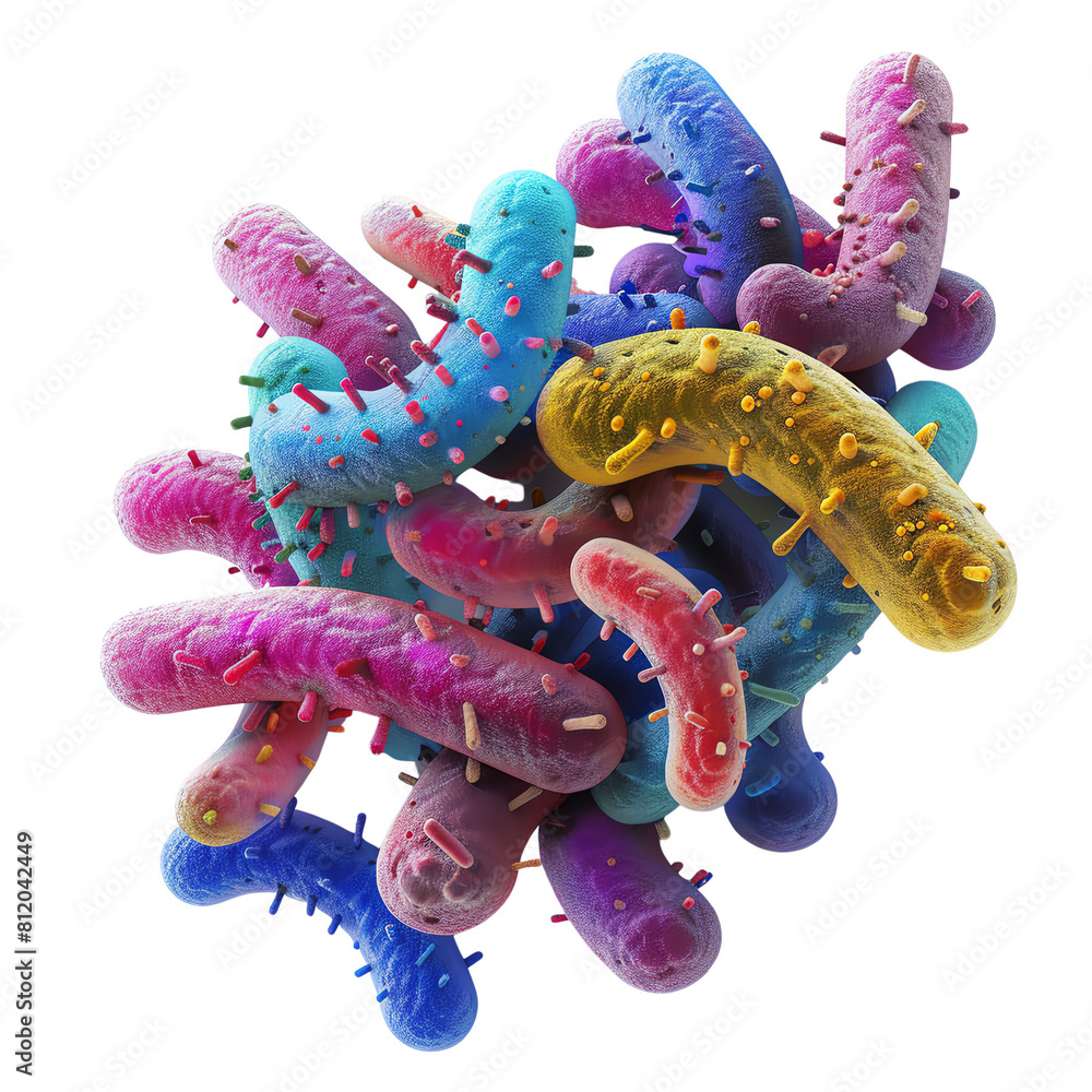 Poster a 3d visualization captures a dynamic cluster of bacteria, rendered in multiple colors to highlight 
