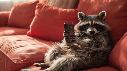 Racoon lies on a sofa while using a cell phone, copy space