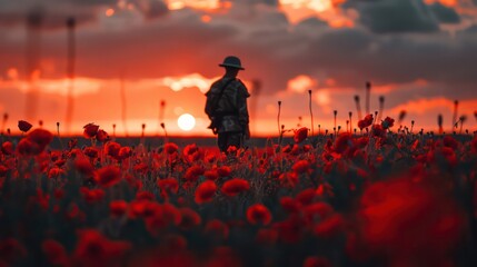 Anzac Day Soldier in poppy Field close up Background