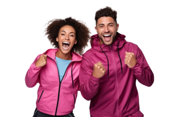 Vibrant image of a joyful couple in pink windbreakers, celebrating enthusiastically, possibly after a victory or good news