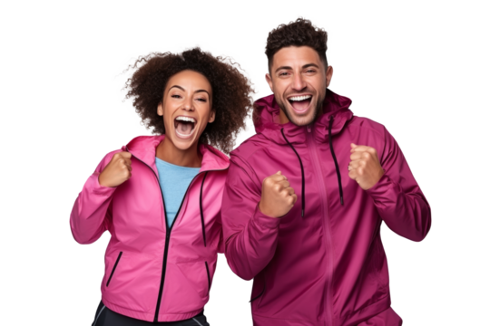 Vibrant image of a joyful couple in pink windbreakers, celebrating enthusiastically, possibly after a victory or good news