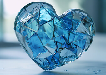 The blue glass heart was broken, reflecting invisible emotional wounds and losses. Its delicate structure and intense color express the fragile beauty and pain that is part of the human experience.