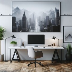 A desk with a computer and a picture on the wall image art attractive.