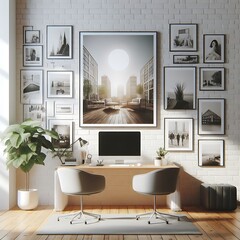 A desk with a computer and a picture on the wall image art attractive harmony.