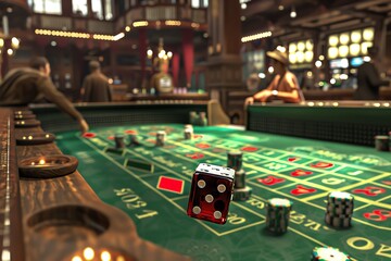 A detailed 3D render of a craps table with players throwing dice and placing bets