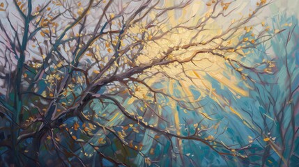 Malowidło ukazujące drzewo z żółtymi liśćmi, oświetlone promieniami słońca przebijającymi się przez gałęzie