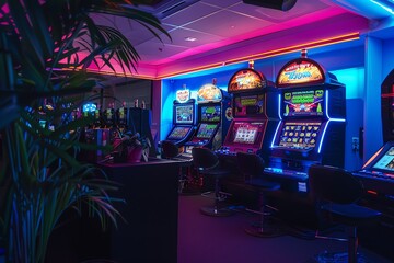 A series of slot machines, each with unique themes and vibrant displays