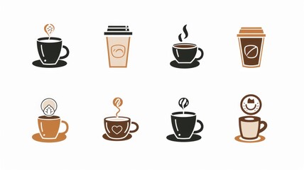 Obraz premium collection of stylish coffee cup icons featuring minimalist designs, with variations including steam, heart motifs, and modern art-inspired decorations.