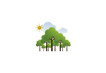 Vector illustration of cartoon trees with green foliage and sun on background