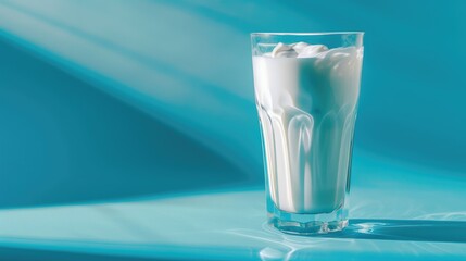 A high quality photo captures the essence of a dairy diet concept with the striking image of milk swirled in a glass set against a vibrant blue backdrop