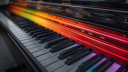 close-up photo of a black piano keyboard mixed with rainbow colors