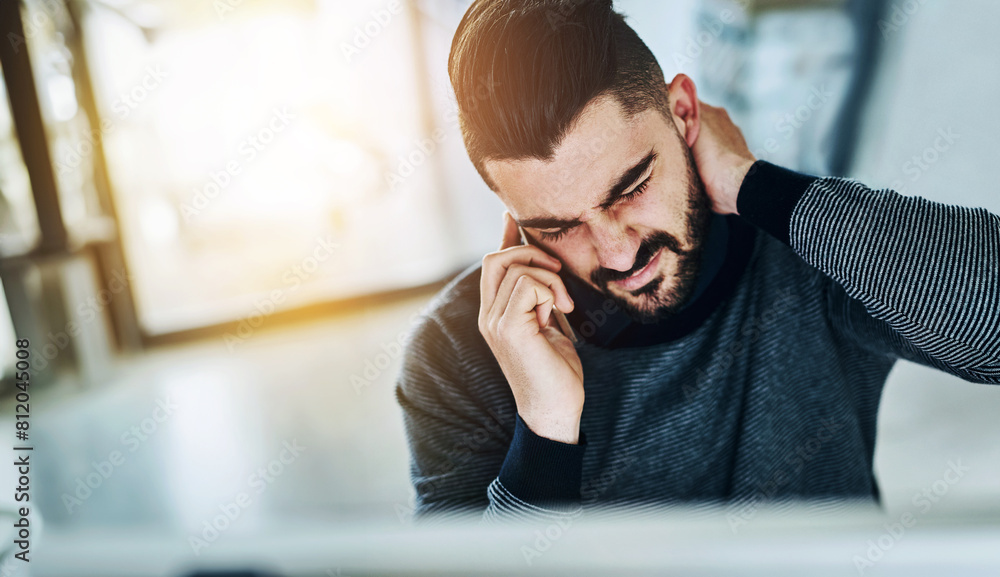 Poster neck pain, business man and phone call with strain, stress and anxiety by a computer in office. tech