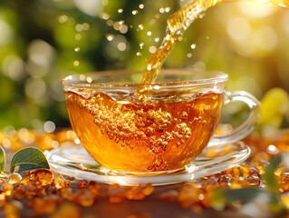 Steaming Tea Cup with Golden Bokeh Background Illuminating Cozy Warmth