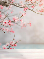 Serene Cherry Blossoms: A Peaceful Springtime Display on Wooden Surface