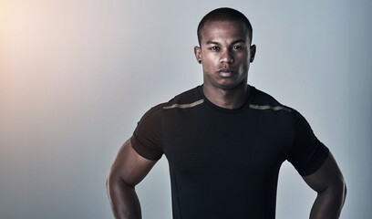 Fitness, black man and portrait with trainer, muscle and strong with confidence from gym workout....