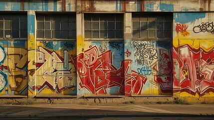 Na bocznej ścianie budynku znajduje się mnóstwo graffiti w różnych kolorach i stylach. Są to rysunki, symbole i napisy namalowane na murze