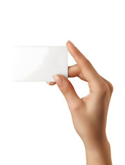 Human Hand Holding a Blank White Card Isolated on White Background - obrazy, fototapety, plakaty