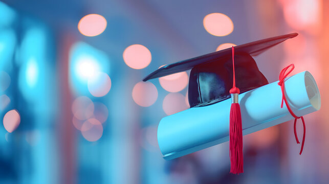 Celebrating Achievement: Graduation Cap and Diploma Against a Bokeh Background