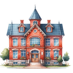 Fototapeta premium A watercolor illustration of a small red brick school house with a blue roof and white windows