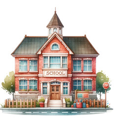 A watercolor illustration of a small red school house with a clock tower.