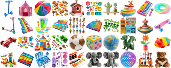 big collection of different toys for children kid, school playroom decor, magnet toy, doll, teddy bear, board game, photo collage set, isolated transparent background AIG44