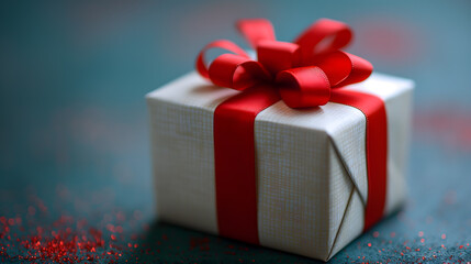 Festive Gift Box with Sparkling Red Ribbon on Moody Background - obrazy, fototapety, plakaty