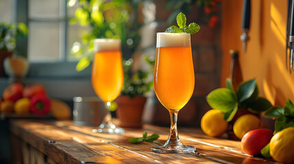 Refreshing Craft Beer in Elegant Glasses with Luscious Fruit Background